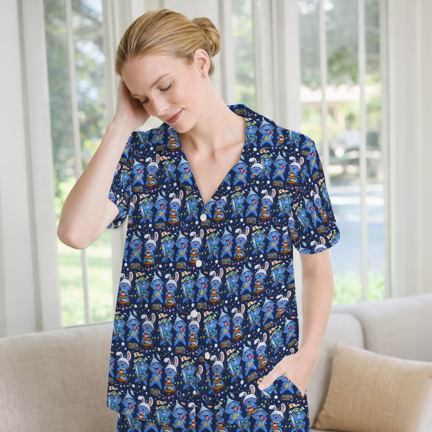 Cute Glove Doll Hospital Medical Cartoon Nurse Pattern Pajama Set, Breathable Fabrics Uniform