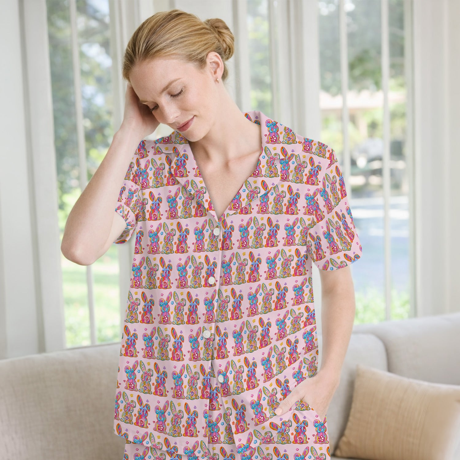 Cute Pastel Bunny Floral Pattern Pajama Set, Breathable Fabrics Uniform