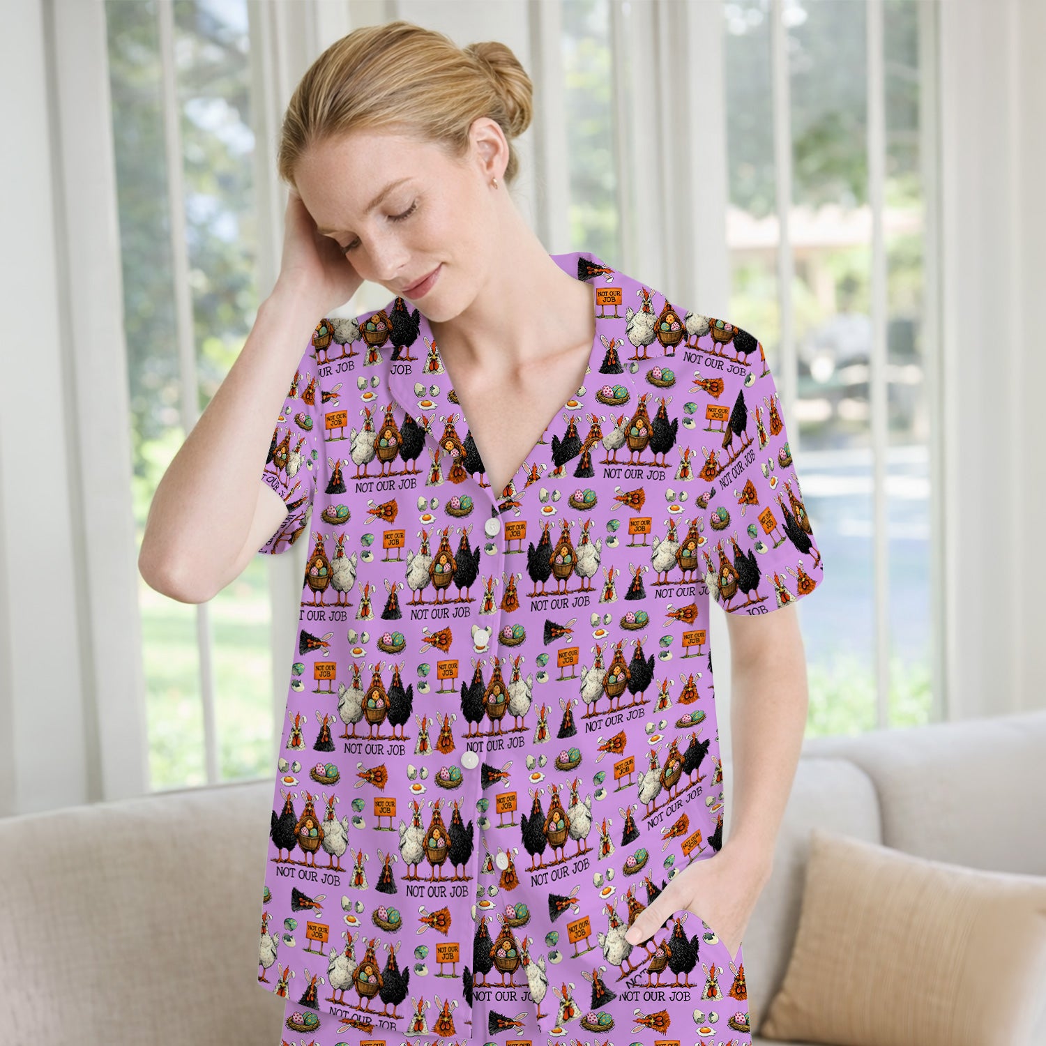 Funny Easter Chicken Humor Pattern Pajama Set, Breathable Fabrics Uniform