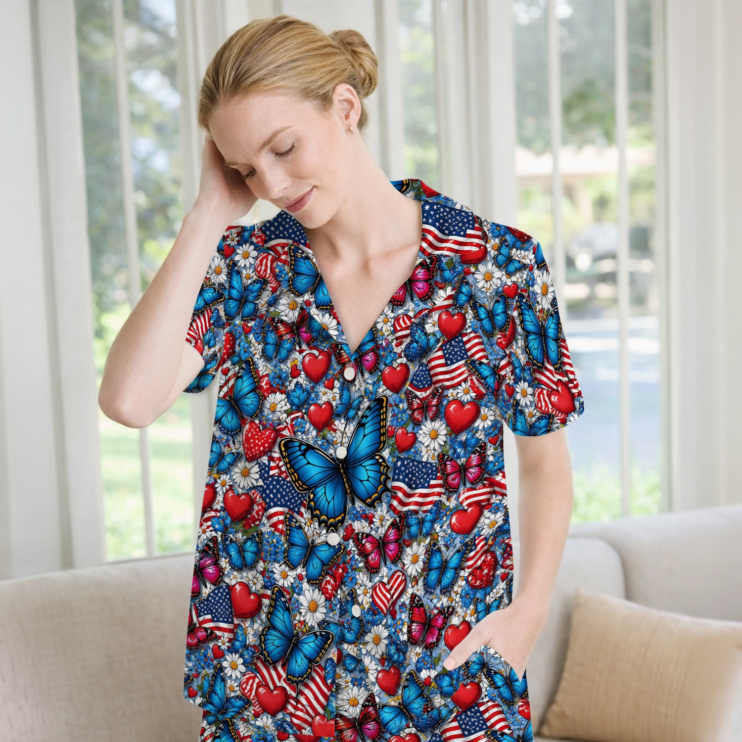 Festive Patriotic Butterfly Heart Floral Pattern Pajama Set, Soft Breathable Fabric Comfortable Sleepwear