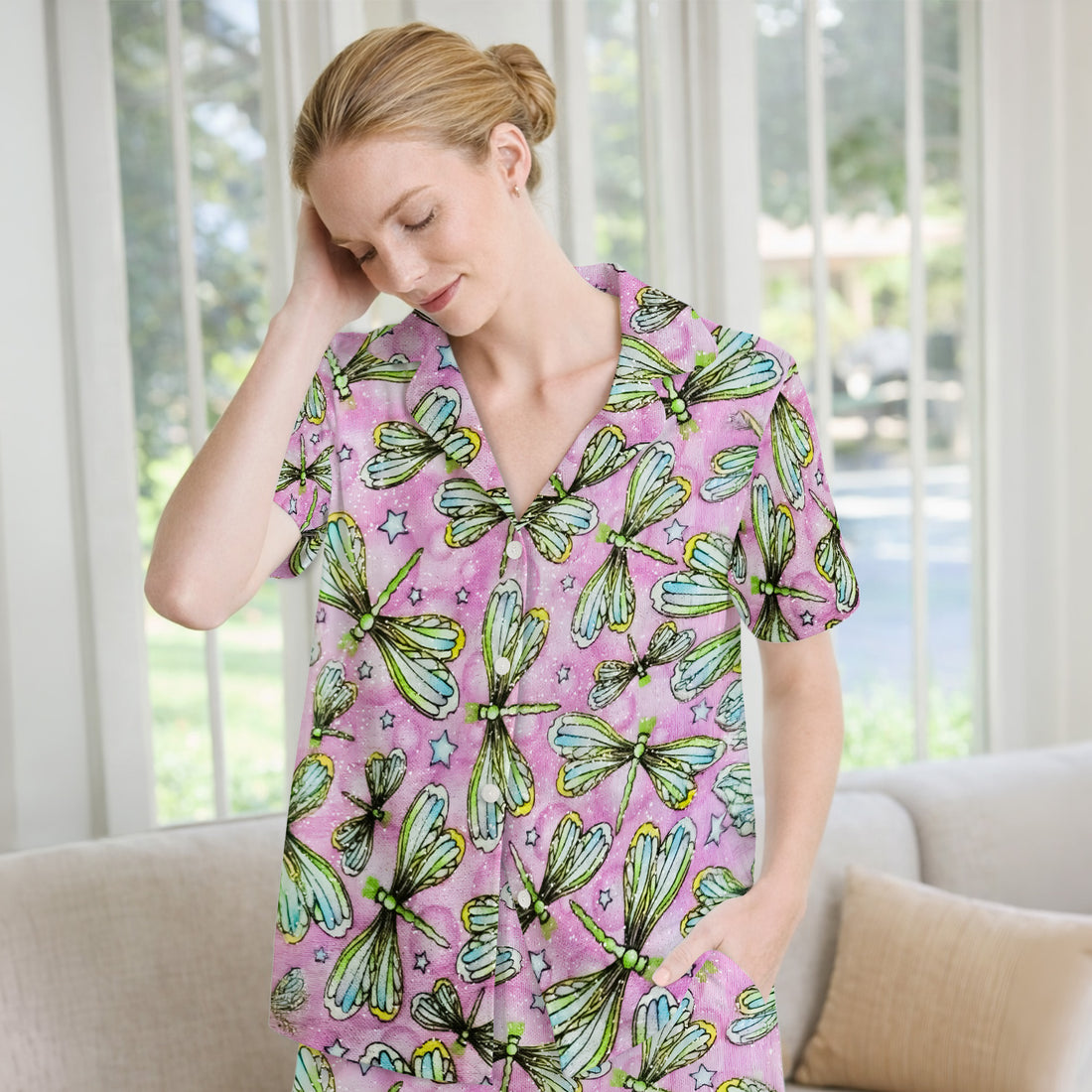 Dragonfly On Pink Starry Background Pajama Set, Breathable Fabrics Uniform