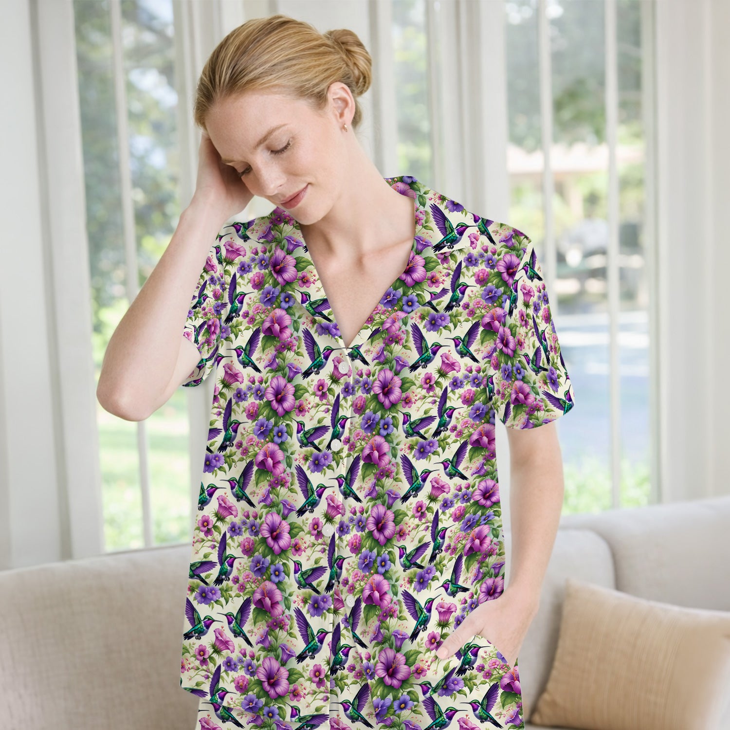 Purple Hummingbird Hibiscus Floral Pattern Pajama Set, Soft Breathable Fabric Comfortable Sleepwear