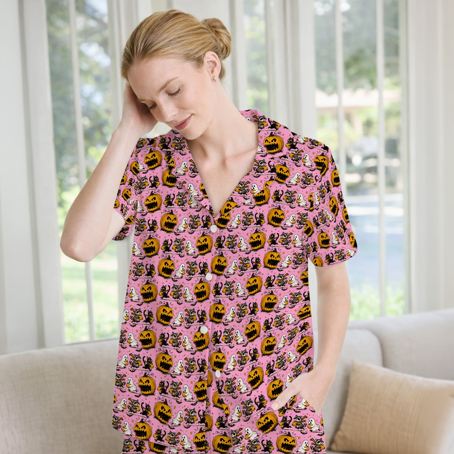 Spooky Halloween Woodland Critters Pattern Pajama Set, Soft Breathable Fabric Comfortable Sleepwear
