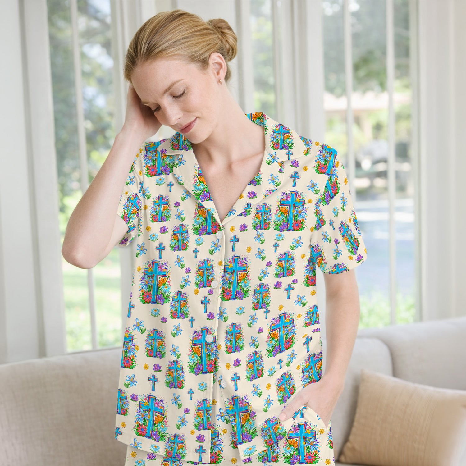 Christian Floral Cross Spring Pattern Pajama Set, Breathable Fabrics Uniform