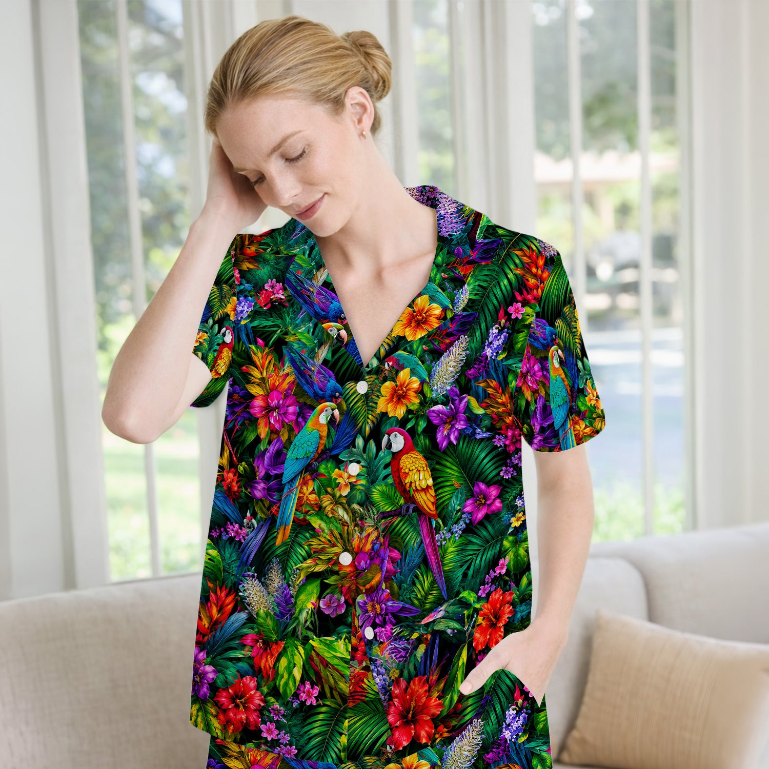 Tropical Parrot Jungle Blossom Pattern Pajama Set, Soft Breathable Fabric Comfortable Sleepwear