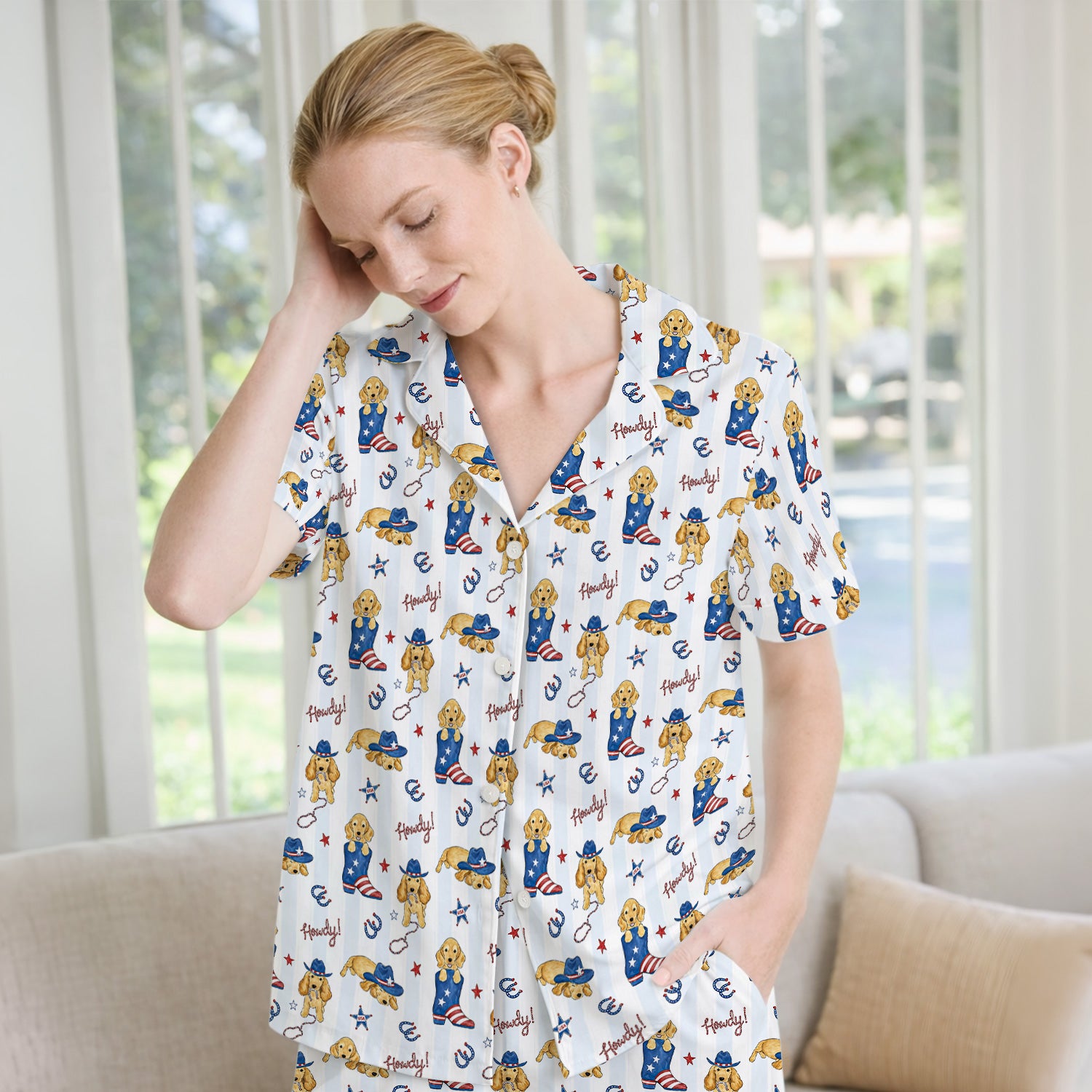 Patriotic Howdy Golden Dog Western Pattern Pajama Set, Soft Breathable Fabric Comfortable Sleepwear