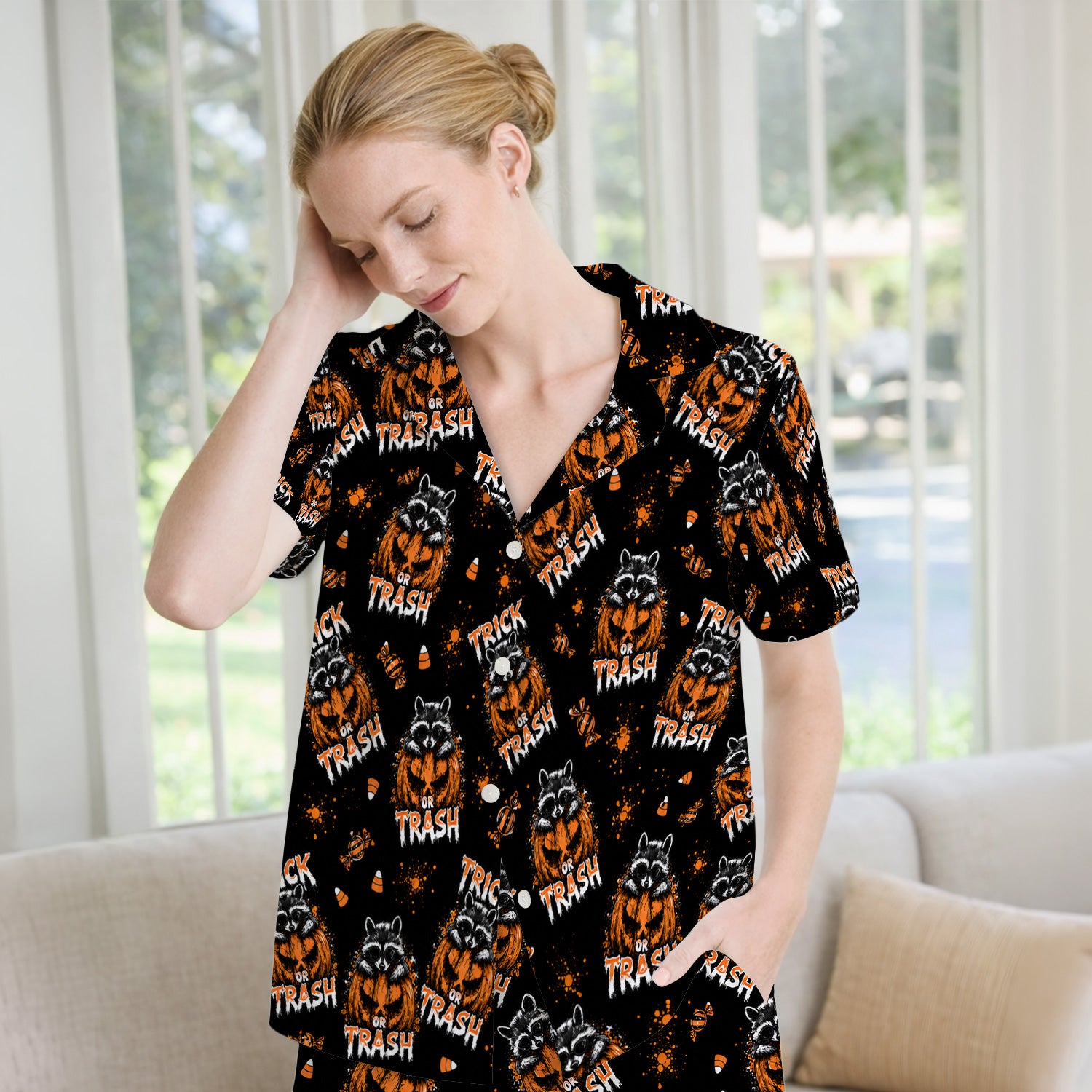 Funny Halloween Trick Or Trash Raccoon Pajama Set, Soft Breathable Fabric Comfortable Sleepwear