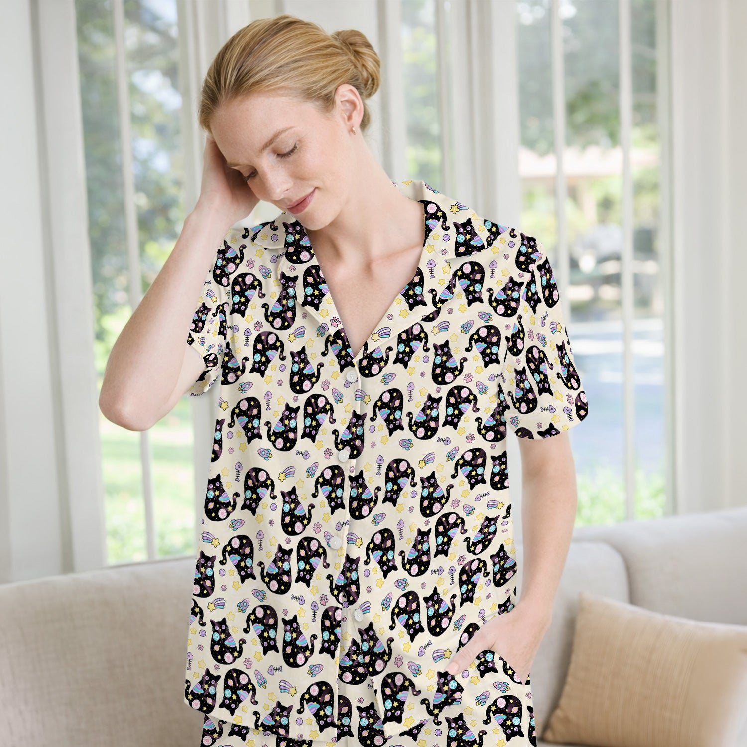 Galaxy Black Cat Space Pattern Pajama Set, Breathable Fabrics Uniform