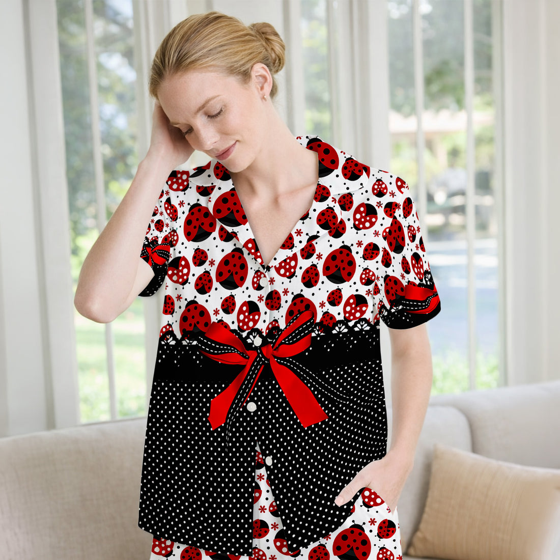 Cute Ladybug Red Ribbon Polka Pattern Pajama Set, Soft Breathable Fabric Comfortable Sleepwear