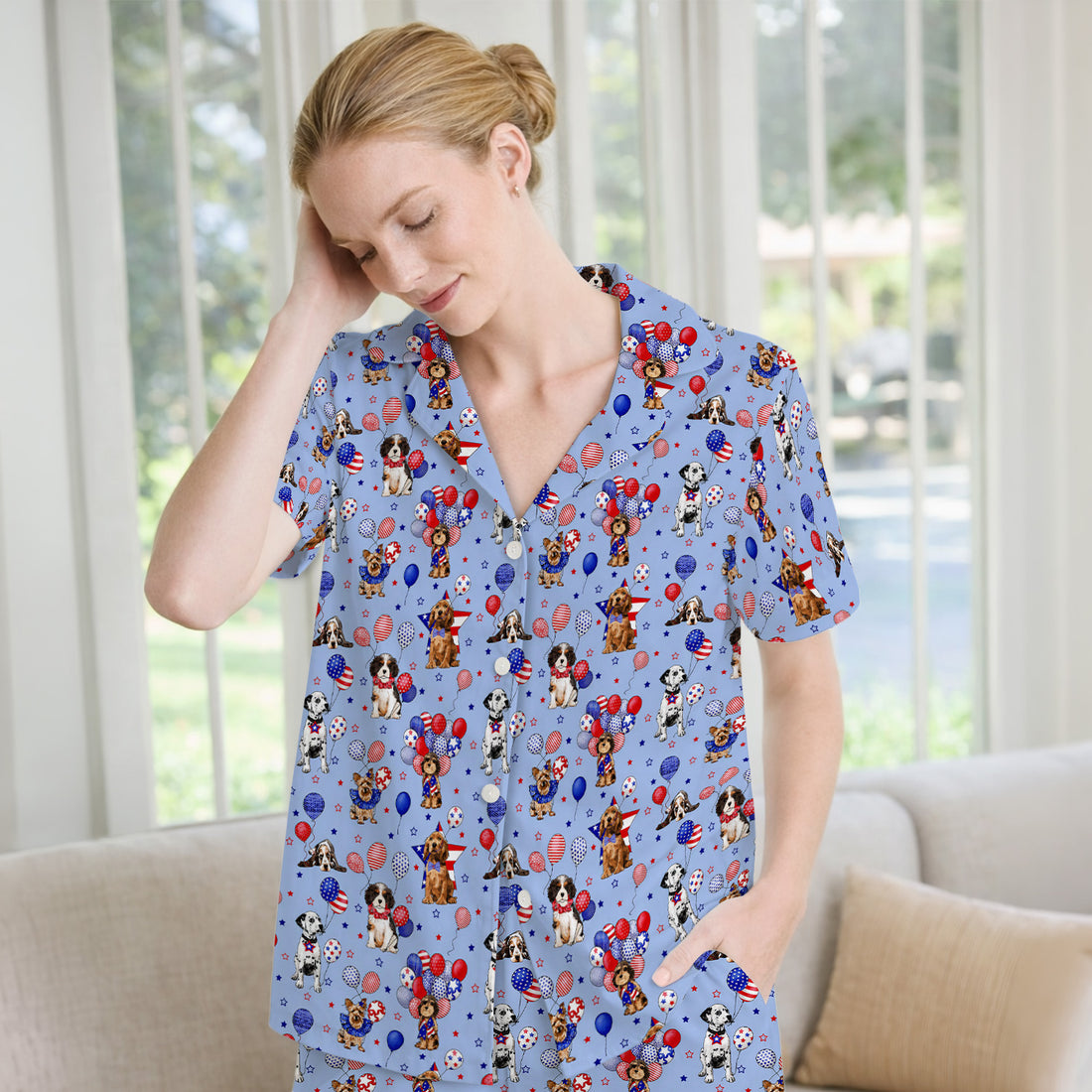 Patriotic Dogs With USA Flag Balloons Pattern Pajama Set, Soft Breathable Fabric Comfortable Sleepwear