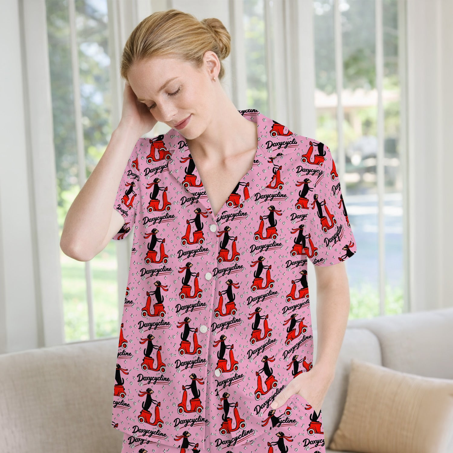 Funny Dachshund Riding Scooter Doxycycline Print Pajama Set, Breathable Fabrics Uniform