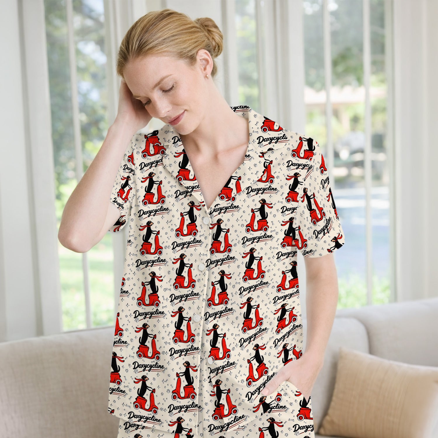 Funny Dachshund Riding Scooter Doxycycline Print Pajama Set, Breathable Fabrics Uniform