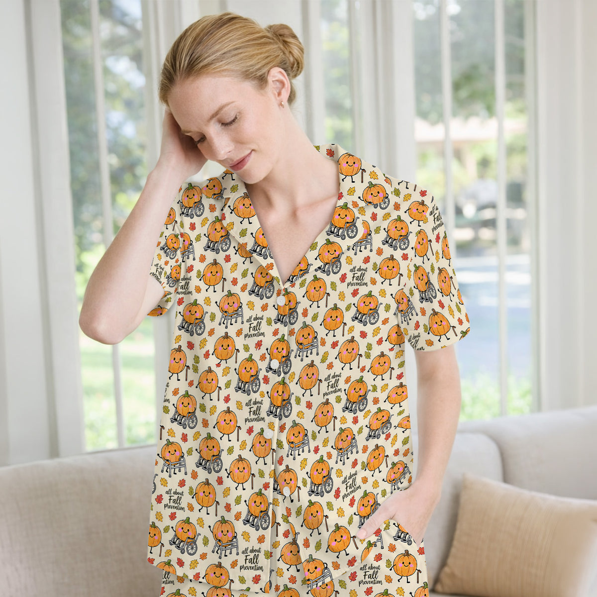 Cute Fall Prevention Pumpkin Pattern Pajama Set, Soft Breathable Fabric Comfortable Sleepwear