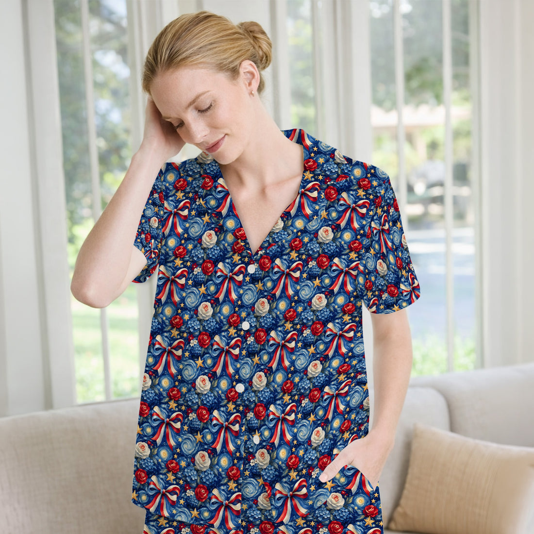 Patriotic Starry Bow Nurse for RN, CNA, Healthcare Workers Pajama Set, Soft Breathable Fabric Comfortable Sleepwear