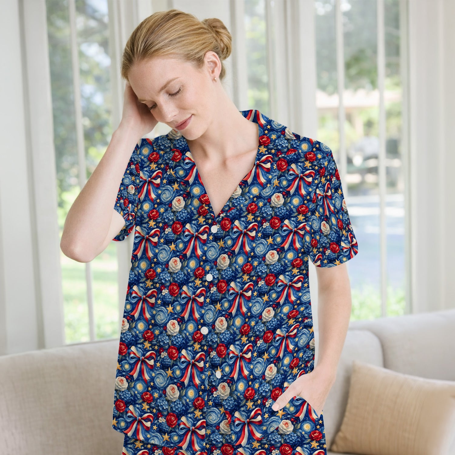 Patriotic Starry Bow Nurse for RN, CNA, Healthcare Workers Pajama Set, Soft Breathable Fabric Comfortable Sleepwear