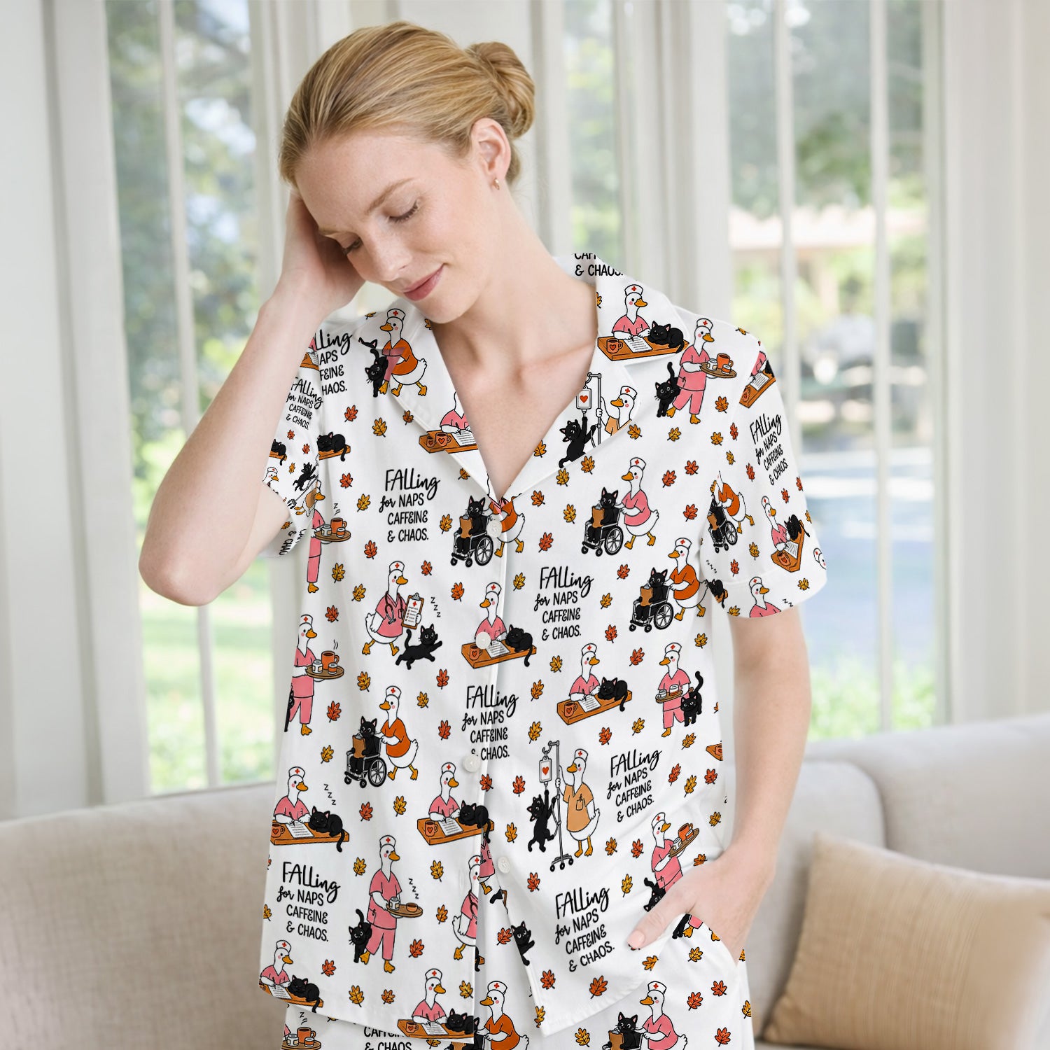 Funny Fall Nurse Goose And Black Cat Pajama Set, Soft Breathable Fabric Comfortable Sleepwear