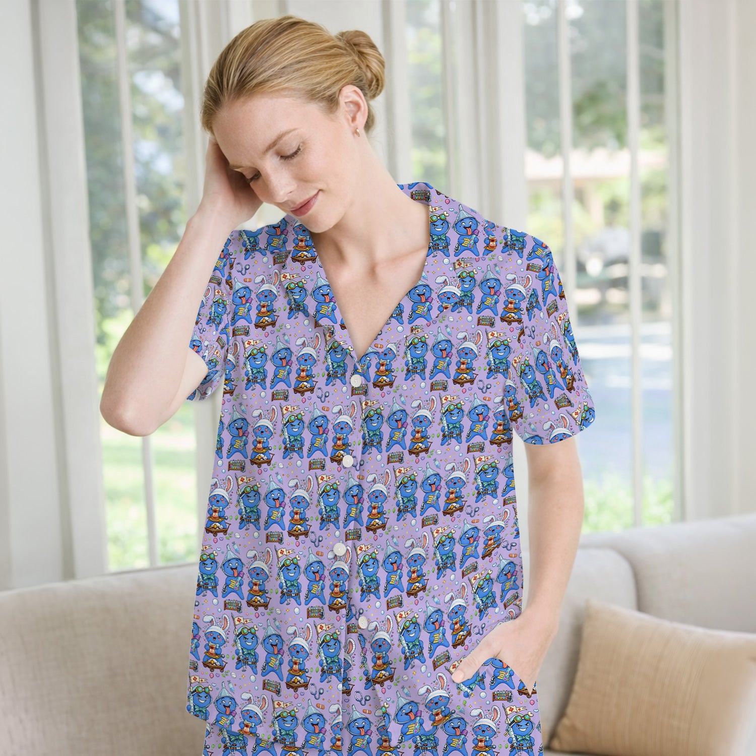 Cute Glove Doll Hospital Medical Cartoon Nurse Pattern Pajama Set, Breathable Fabrics Uniform