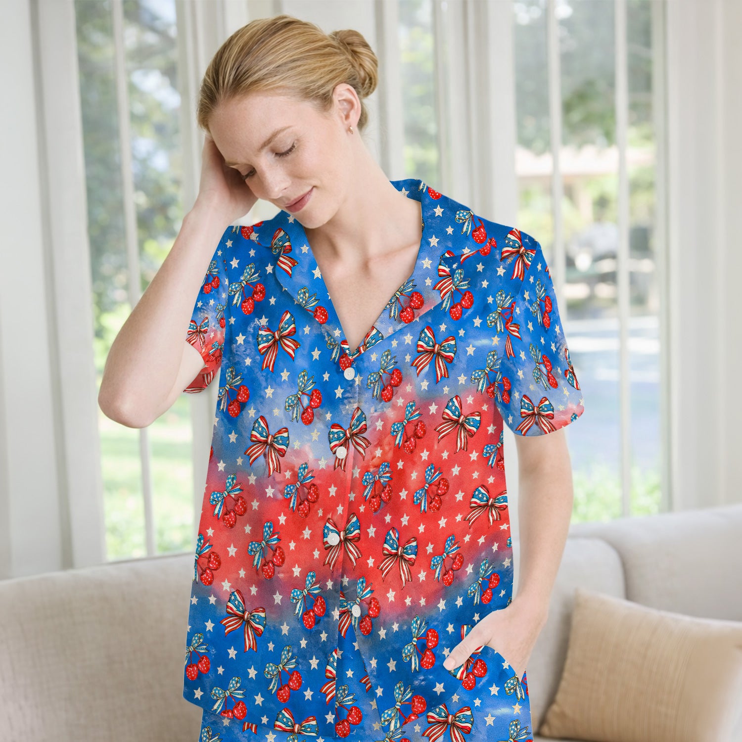 Festive Patriotic Star Bow Cherry Pattern Pajama Set, Soft Breathable Fabric Comfortable Sleepwear