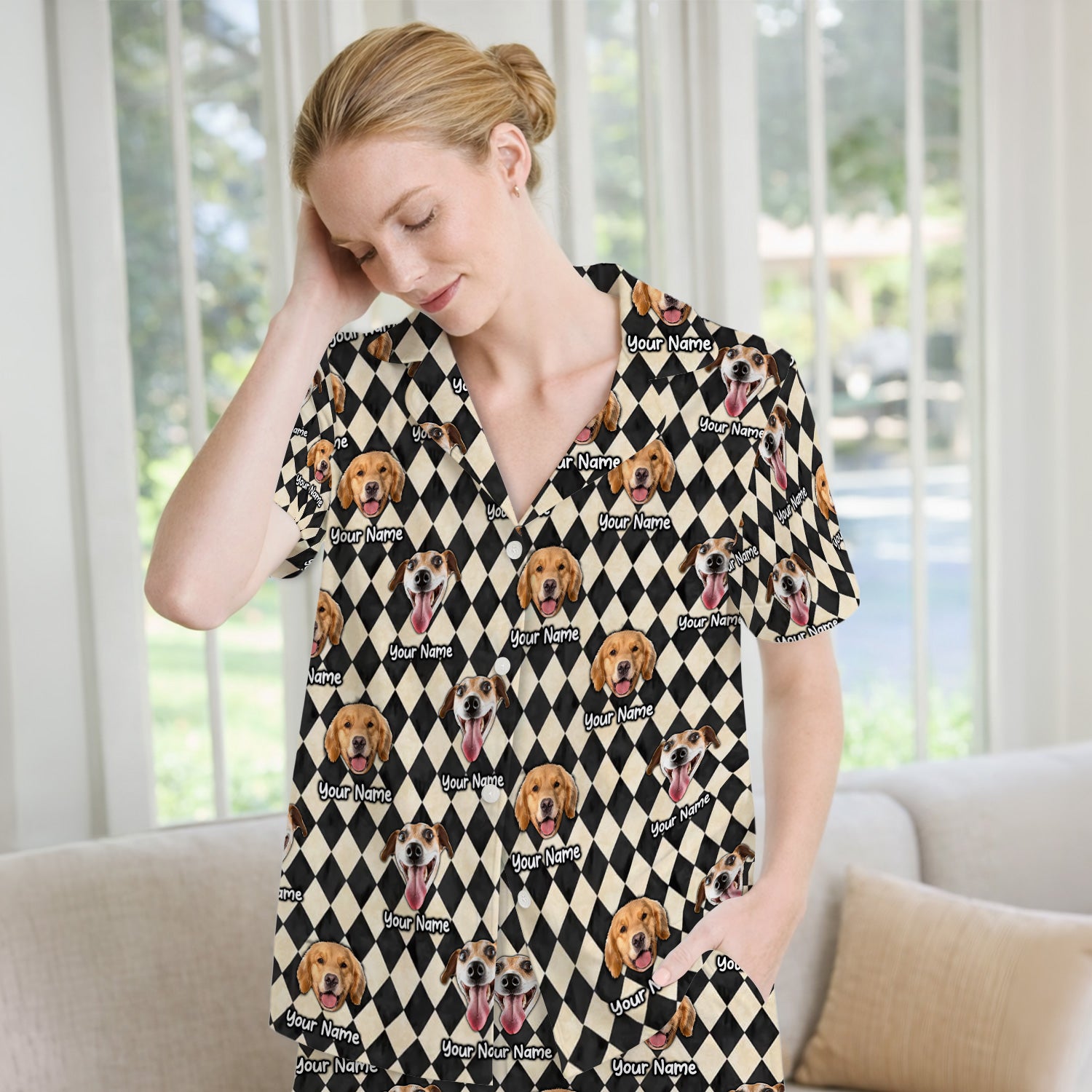 Personalized Pet Portrait Argyle Pajama Set, Soft Breathable Fabric Comfortable Sleepwear