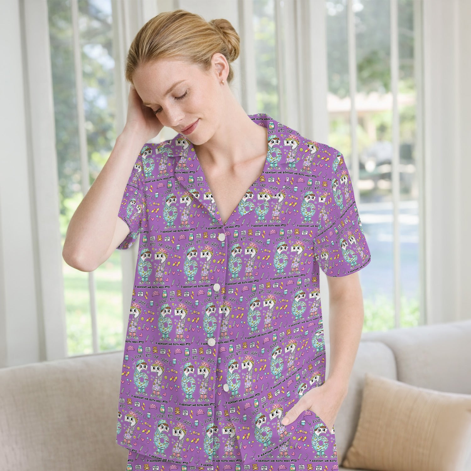 Cartoon Characters Six Hours Into Shift With Medical Doodle Pajama Set, Breathable Fabrics Uniform
