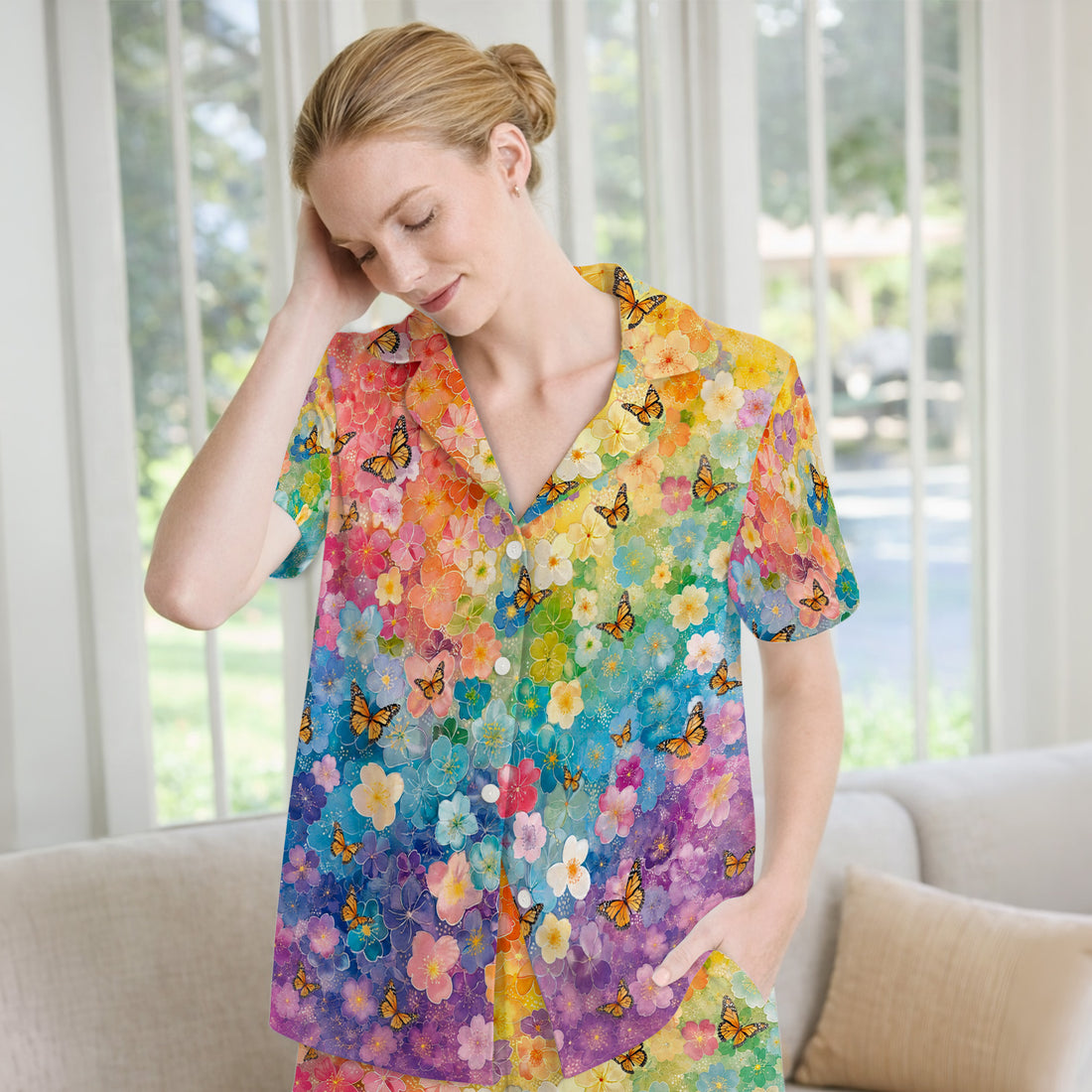 Rainbow Butterfly Floral Blossom Pattern Pajama Set, Soft Breathable Fabric Comfortable Sleepwear