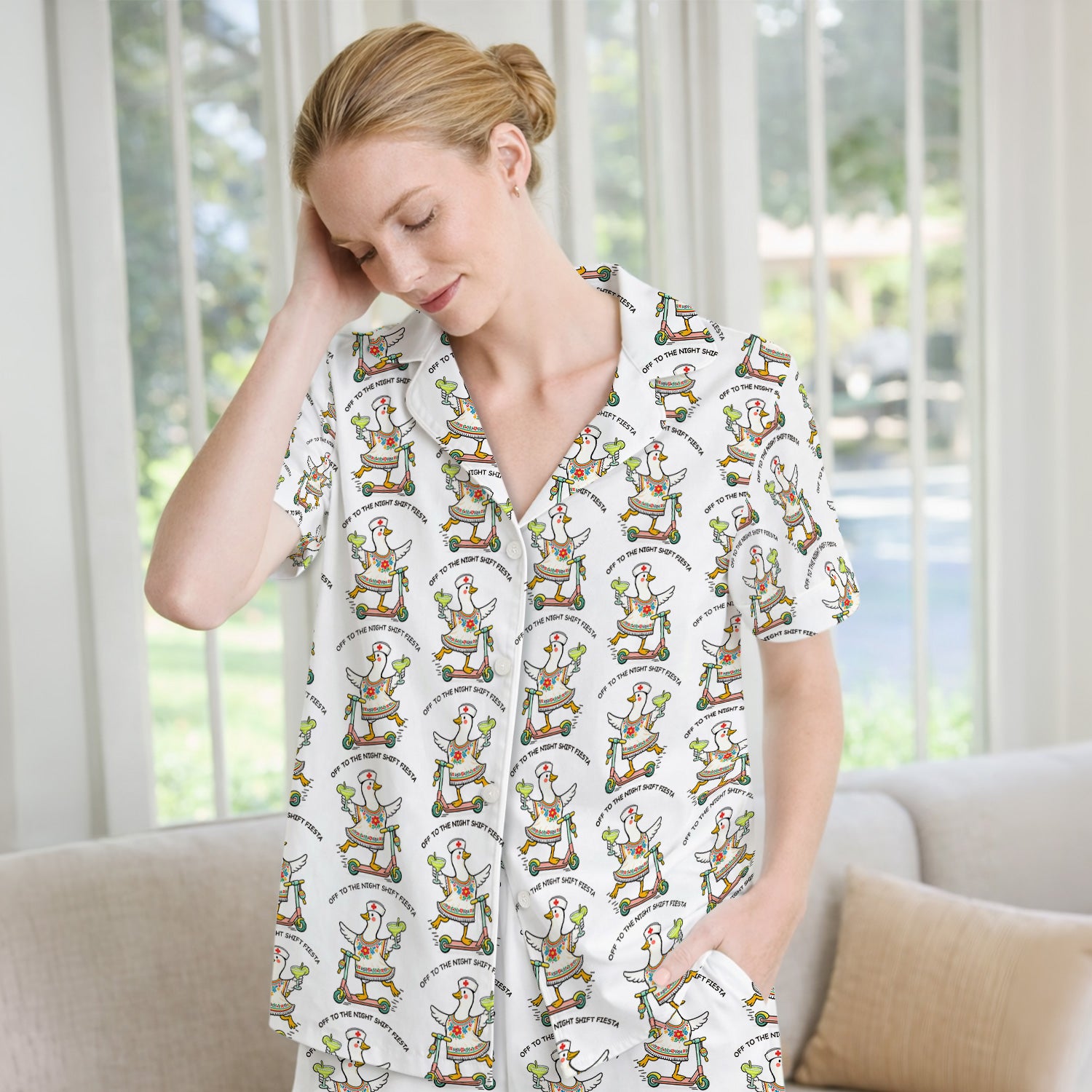Funny Duck Scooter Night Shift Fiesta Pajama Set, Soft Breathable Fabric Comfortable Sleepwear