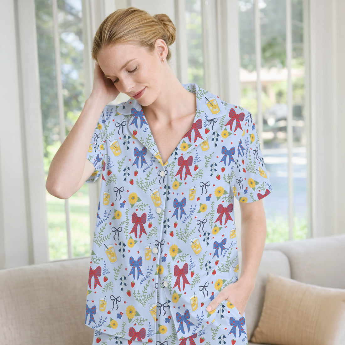 Sweet Summer Bow Nurse, Lemonade Floral Medical Pajama Set, Soft Breathable Fabric Comfortable Sleepwear