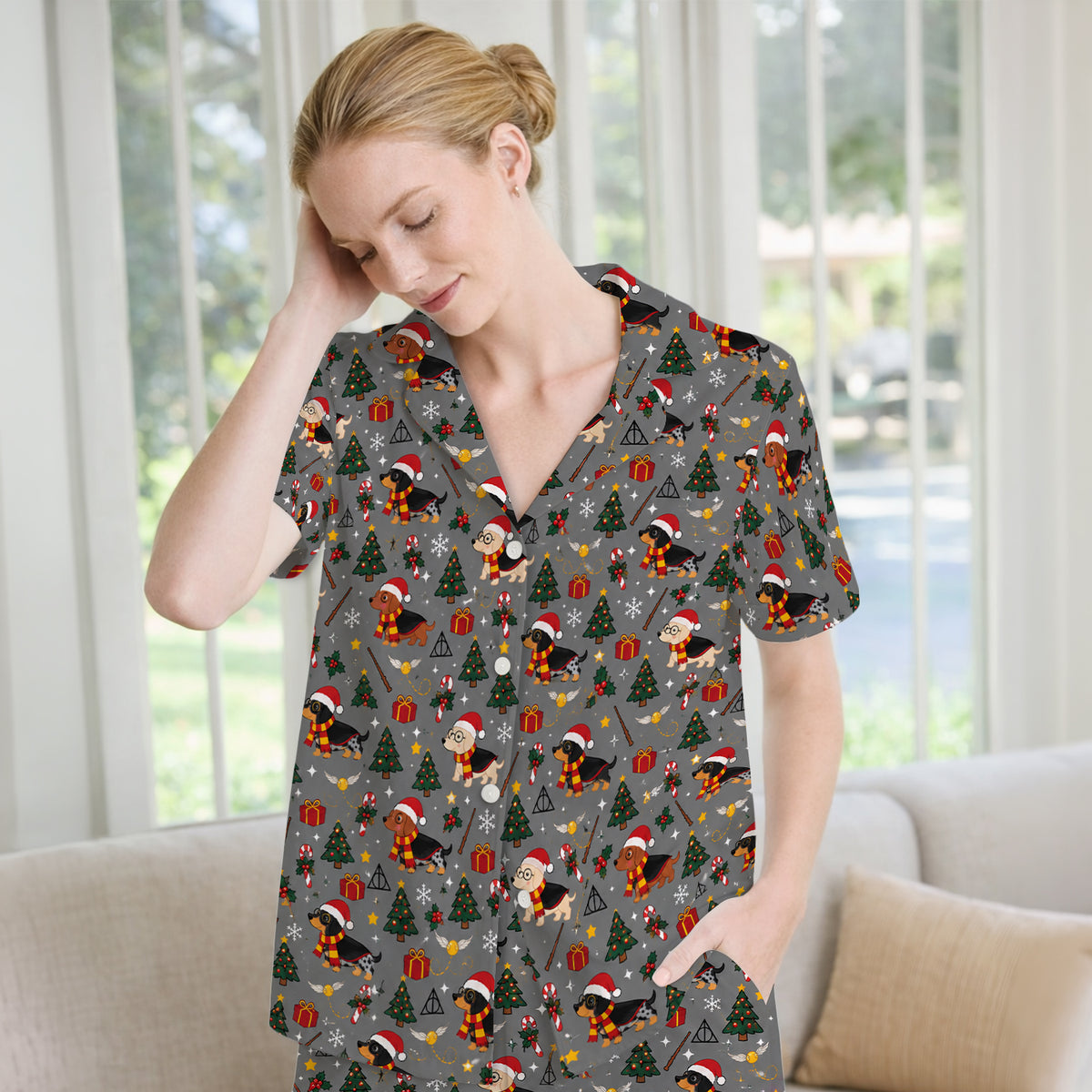 Christmas Wizard Dachshunds Pattern Pajama Set, Soft Breathable Fabric Comfortable Sleepwear