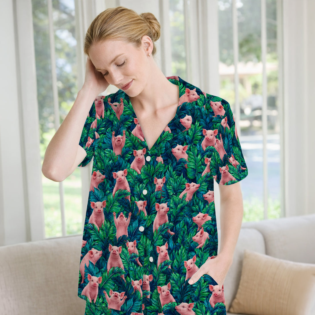 Cute Piglet Jungle Leaves Pattern Pajama Set, Soft Breathable Fabric Comfortable Sleepwear