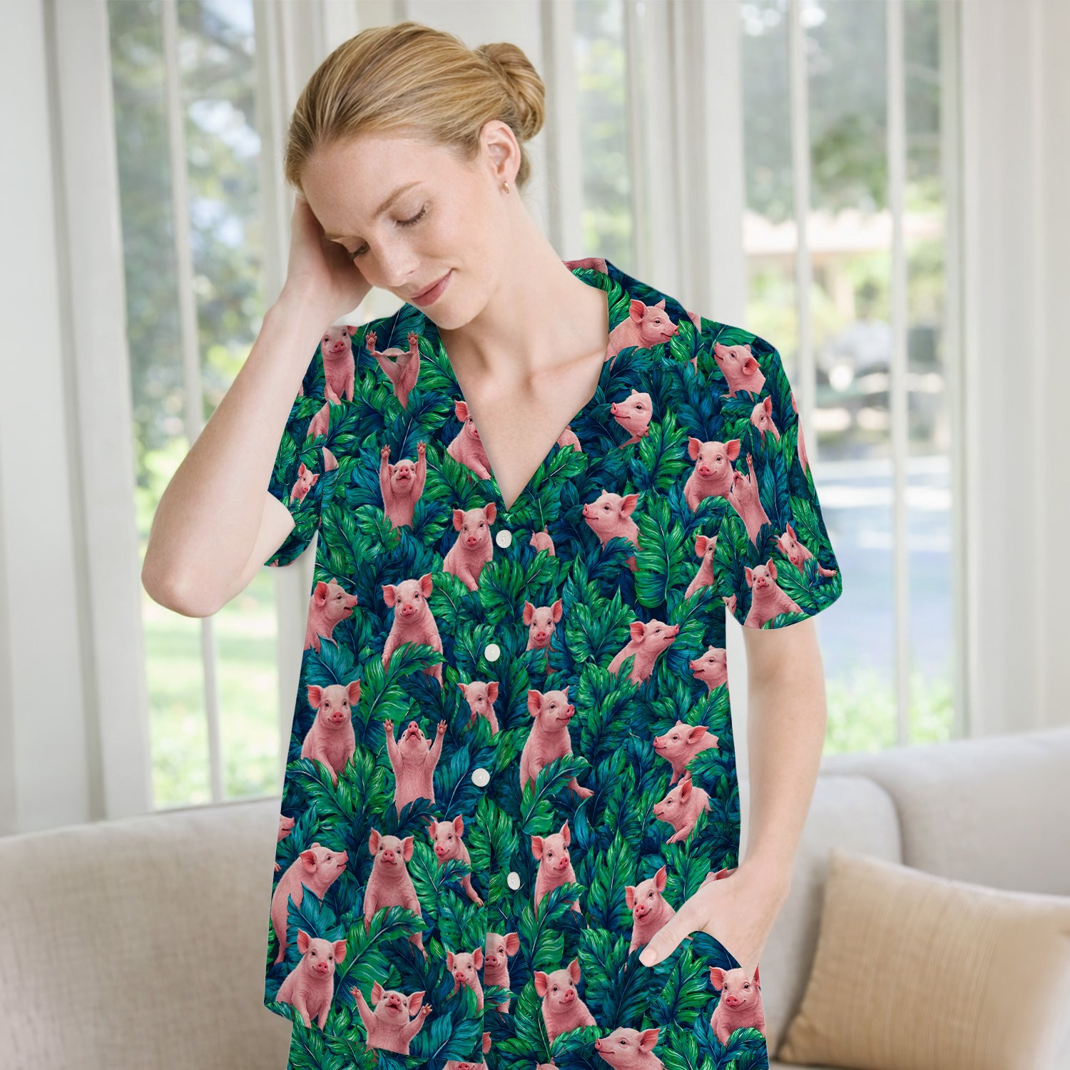 Cute Piglet Jungle Leaves Pattern Pajama Set, Soft Breathable Fabric Comfortable Sleepwear