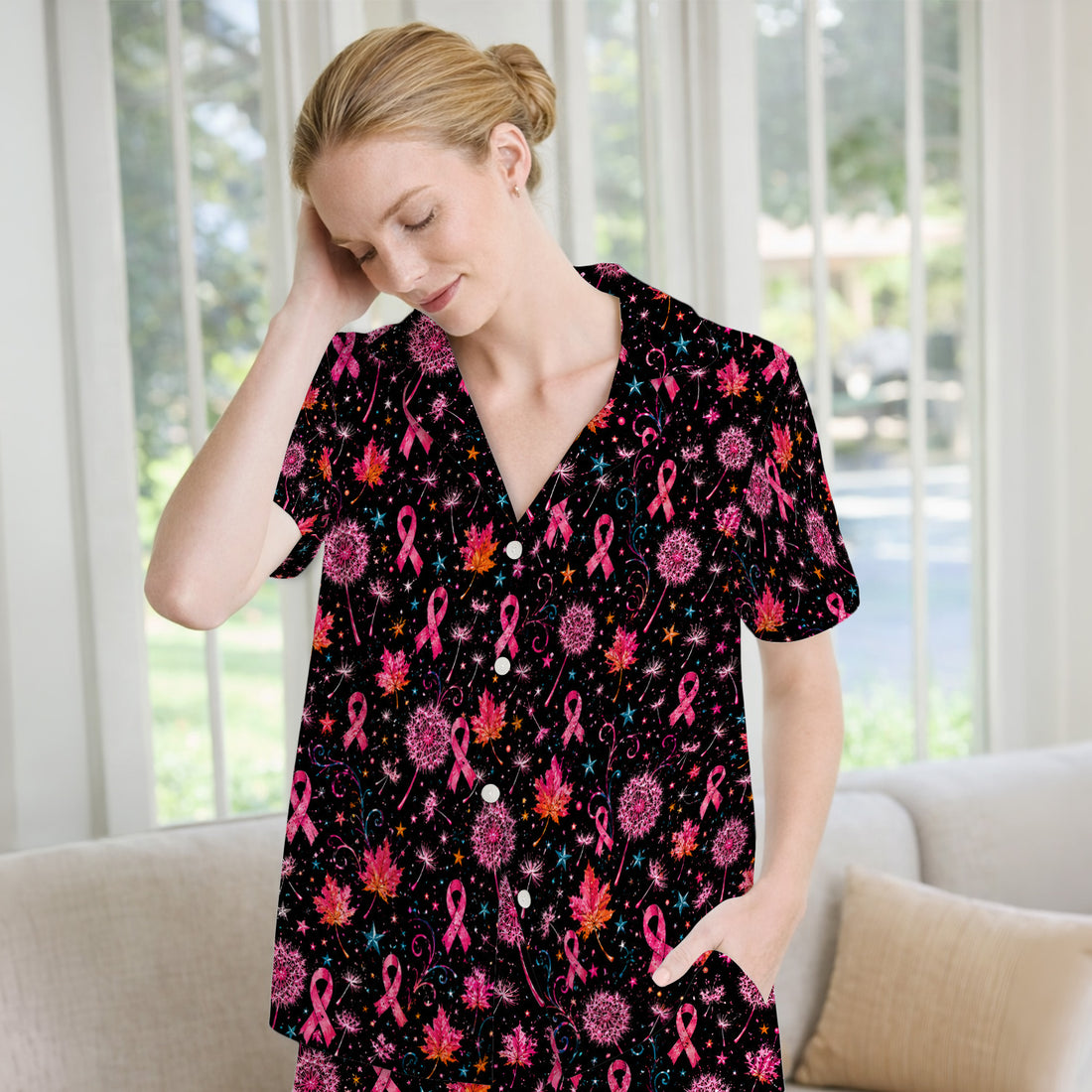 Breast Cancer Awareness Pink Ribbon Fall Pajama Set, Soft Breathable Fabric Comfortable Sleepwear