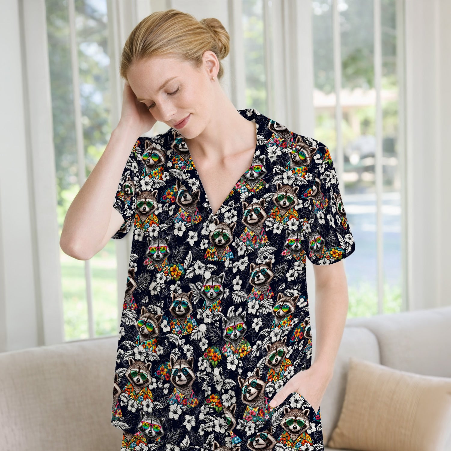 Tropical Raccoon Floral Pattern Pajama Set, Soft Breathable Fabric Comfortable Sleepwear
