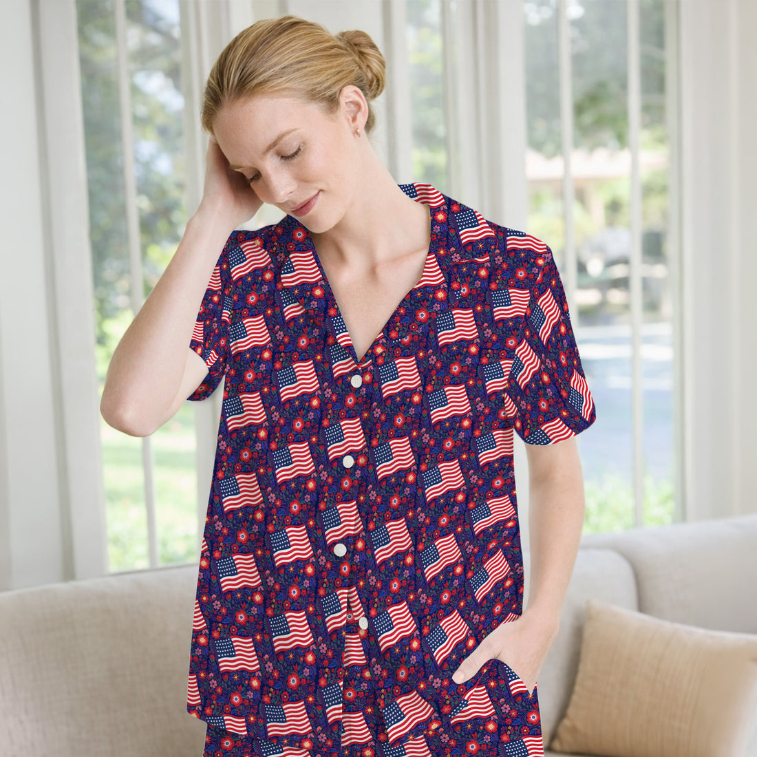 Patriotic USA Flag With Floral Fireworks Pattern Pajama Set, Soft Breathable Fabric Comfortable Sleepwear