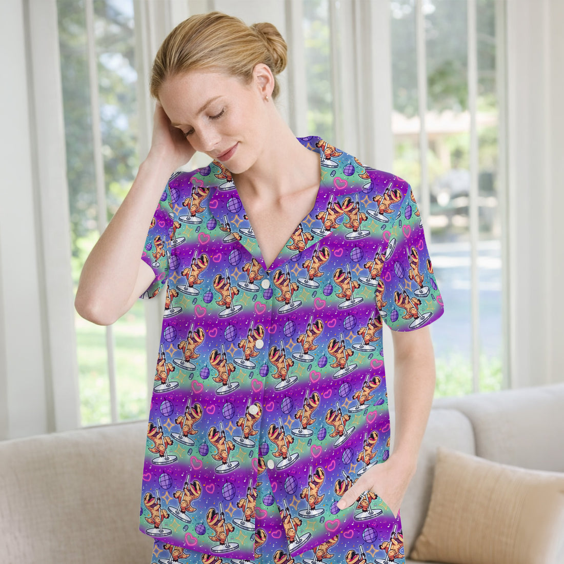 Funny Dancing Dinosaur Disco Party Pattern Nurse Pajama Set, Soft Breathable Fabric Comfortable Sleepwear