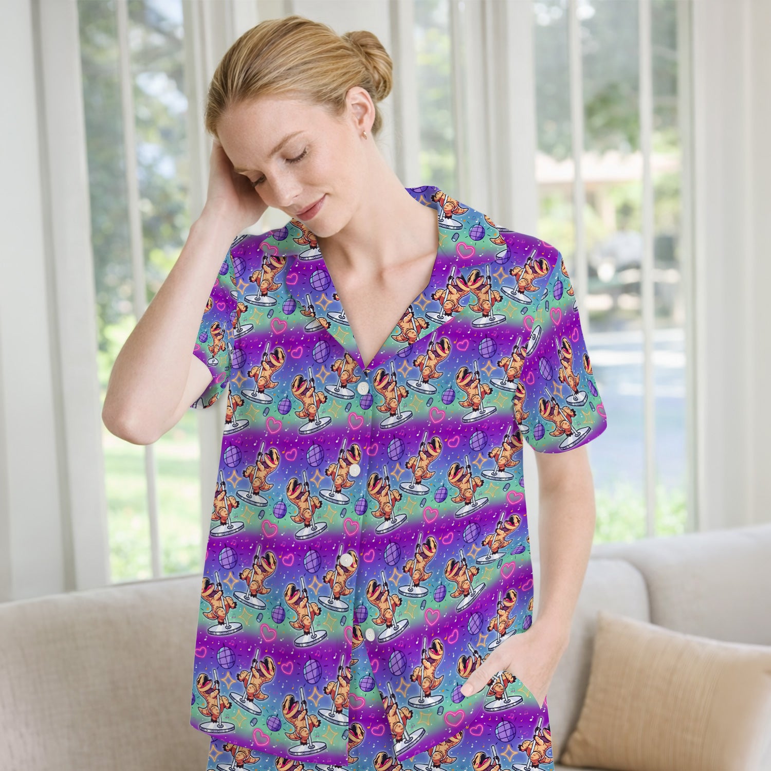Funny Dancing Dinosaur Disco Party Pattern Nurse Pajama Set, Soft Breathable Fabric Comfortable Sleepwear