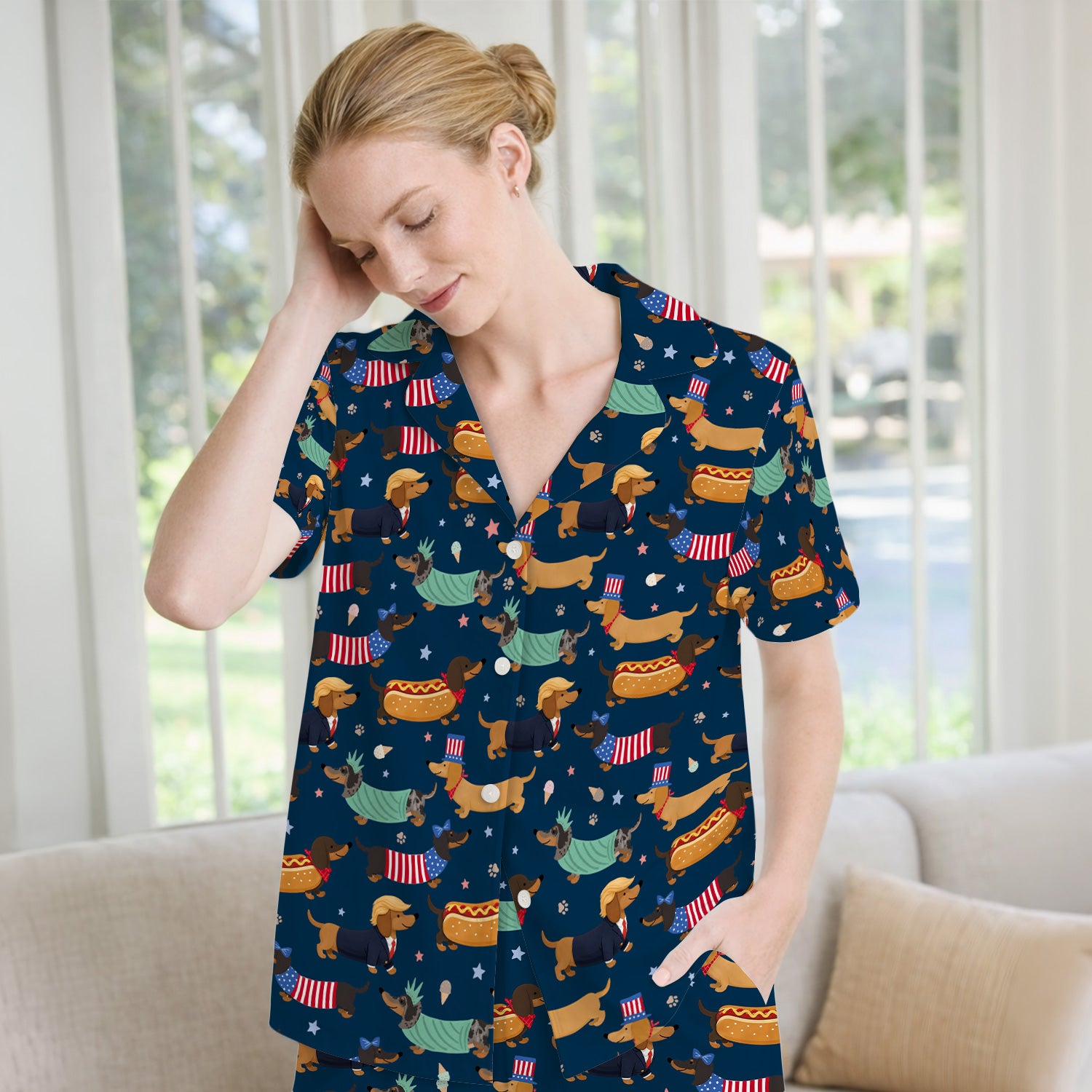 Funny Patriotic Dachshund Costume Dogs Pattern Pajama Set, Breathable Fabrics Uniform