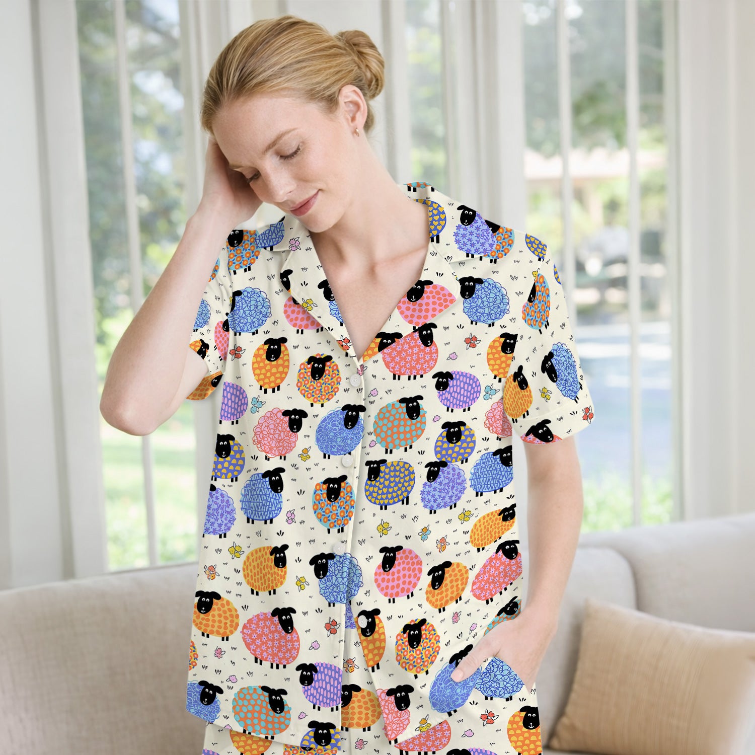 Funny Colorful Sheep Pattern Pajama Set, Breathable Fabrics Uniform