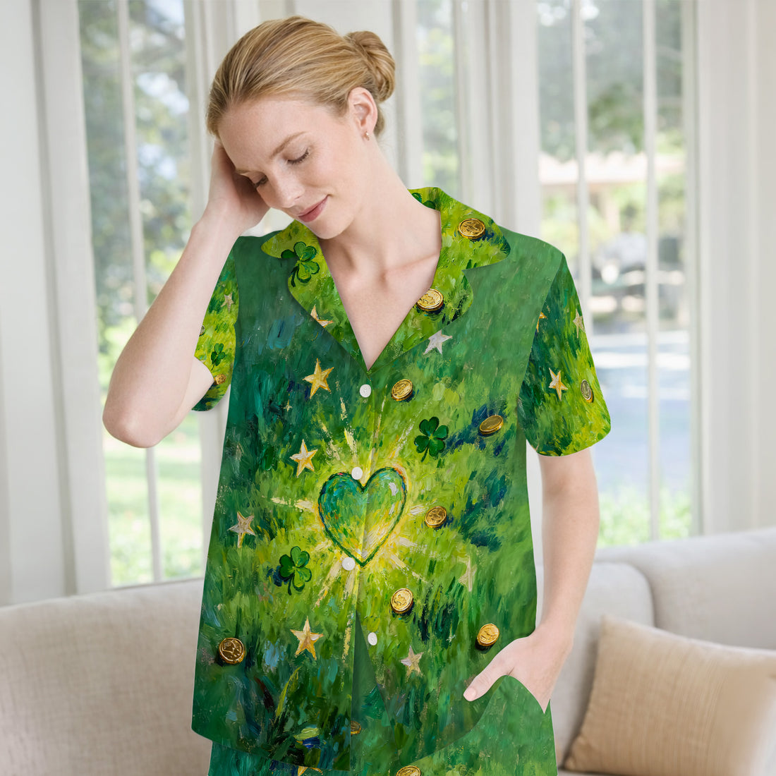 St. Patrick Lucky Shamrock Heart Pajama Set,  Breathable Fabrics Uniform