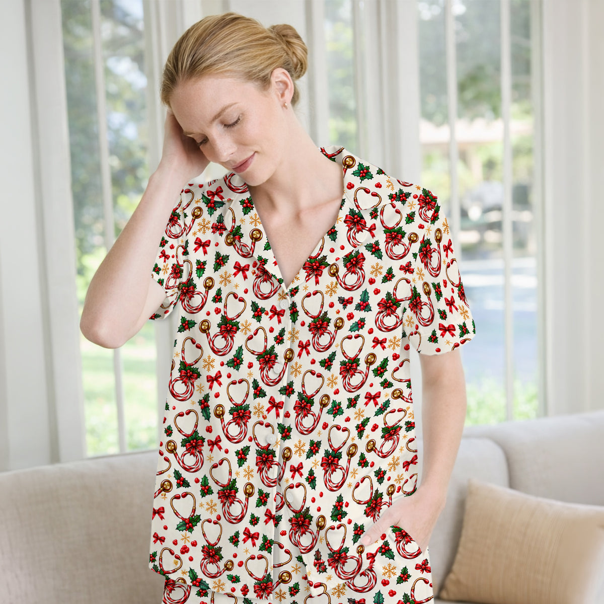 Christmas Candy Cane Stethoscope Pattern Pajama Set, Soft Breathable Fabric Comfortable Sleepwear