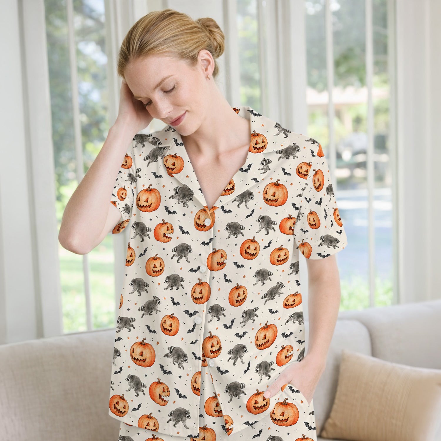 Spooky Halloween Raccoon And Pumpkin Pajama Set, Soft Breathable Fabric Comfortable Sleepwear