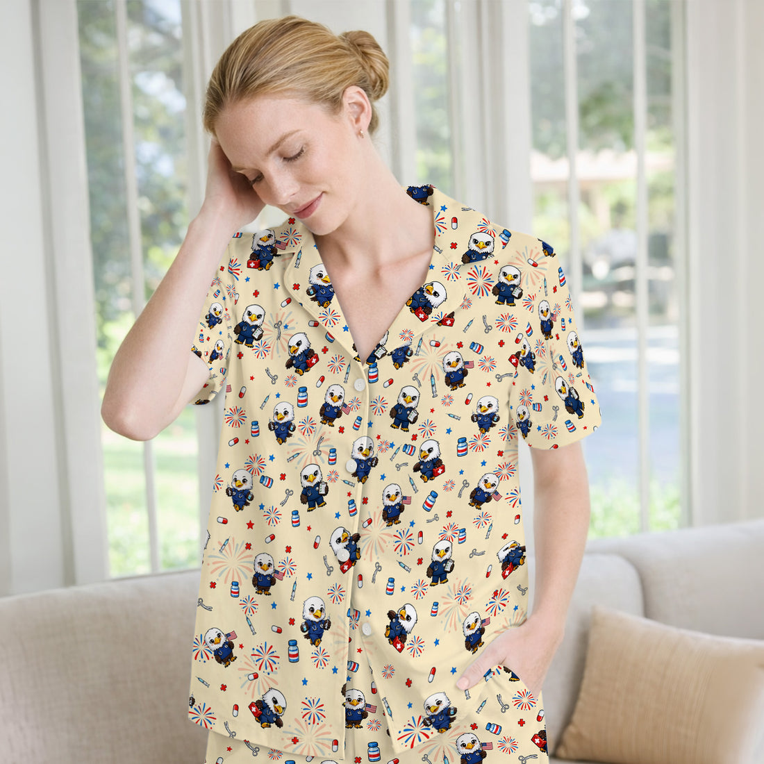 Patriotic Nurse Eagle Fireworks Medical Pattern Pajama Set, Breathable Fabrics Uniform