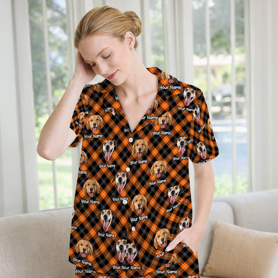 Personalized Halloween Dog Photo Plaid Pajama Set, Soft Breathable Fabric Comfortable Sleepwear