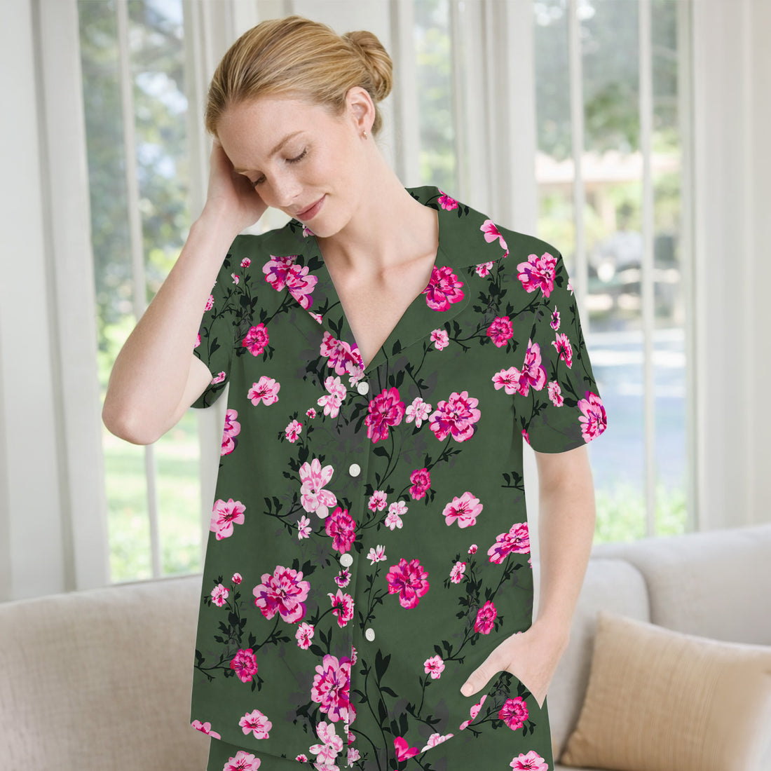 Pink Floral Blossom Pattern Pajama Set, Soft Breathable Fabric Comfortable Sleepwear