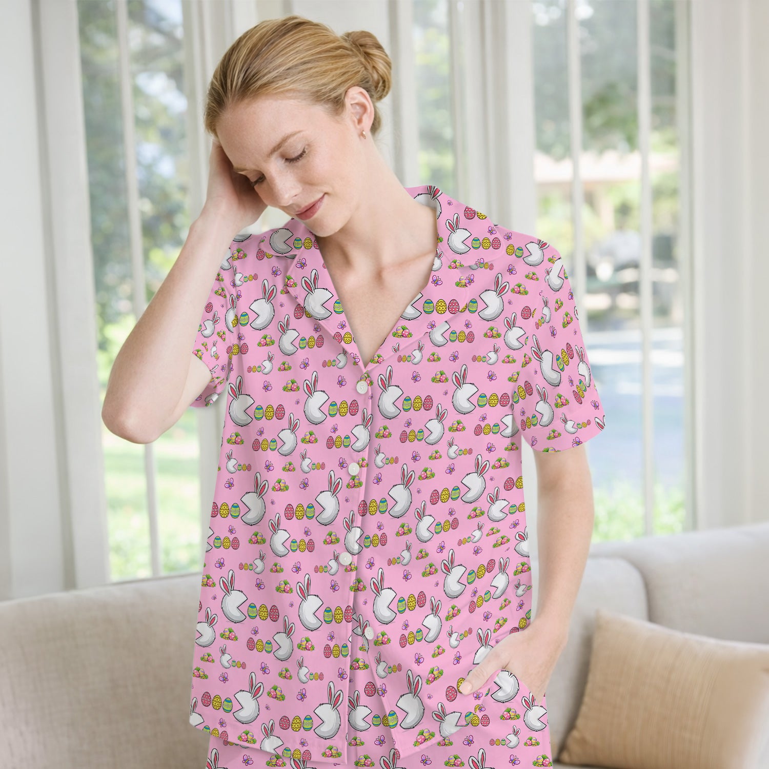 Easter Bunny and Colorful Eggs Print  Pajama Set, Breathable Fabrics Uniform