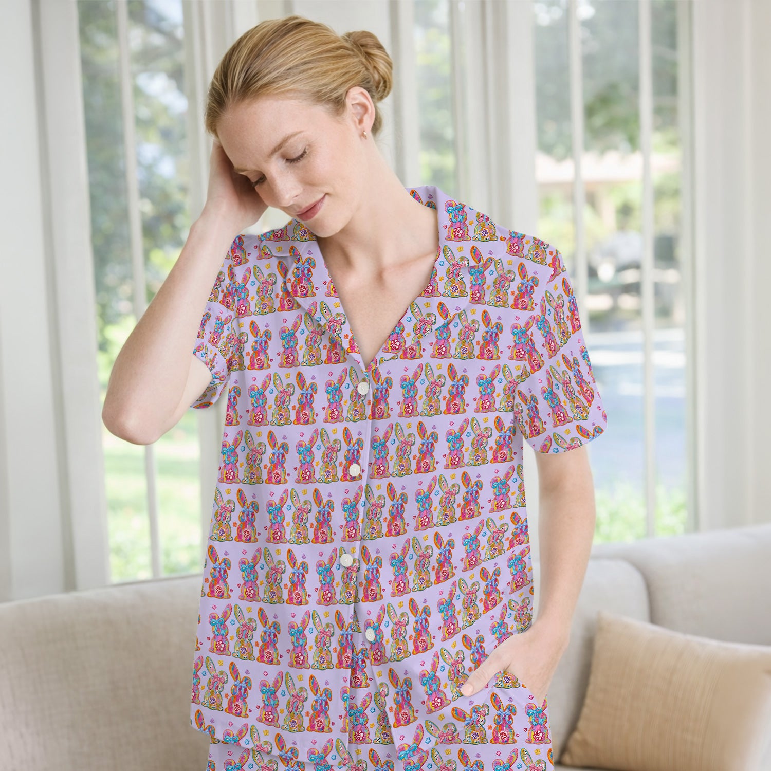 Cute Pastel Bunny Floral Pattern Pajama Set, Breathable Fabrics Uniform