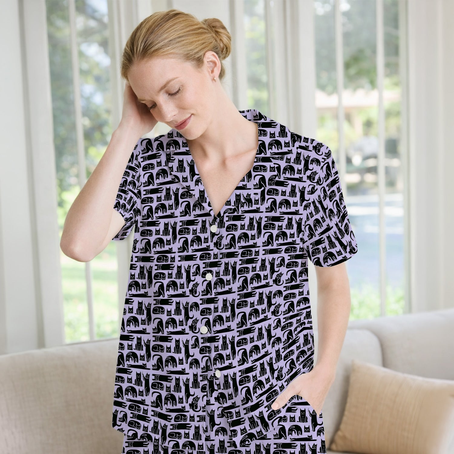 Cute Funny Cat Poses Print Pajama Set, Breathable Fabrics Uniform