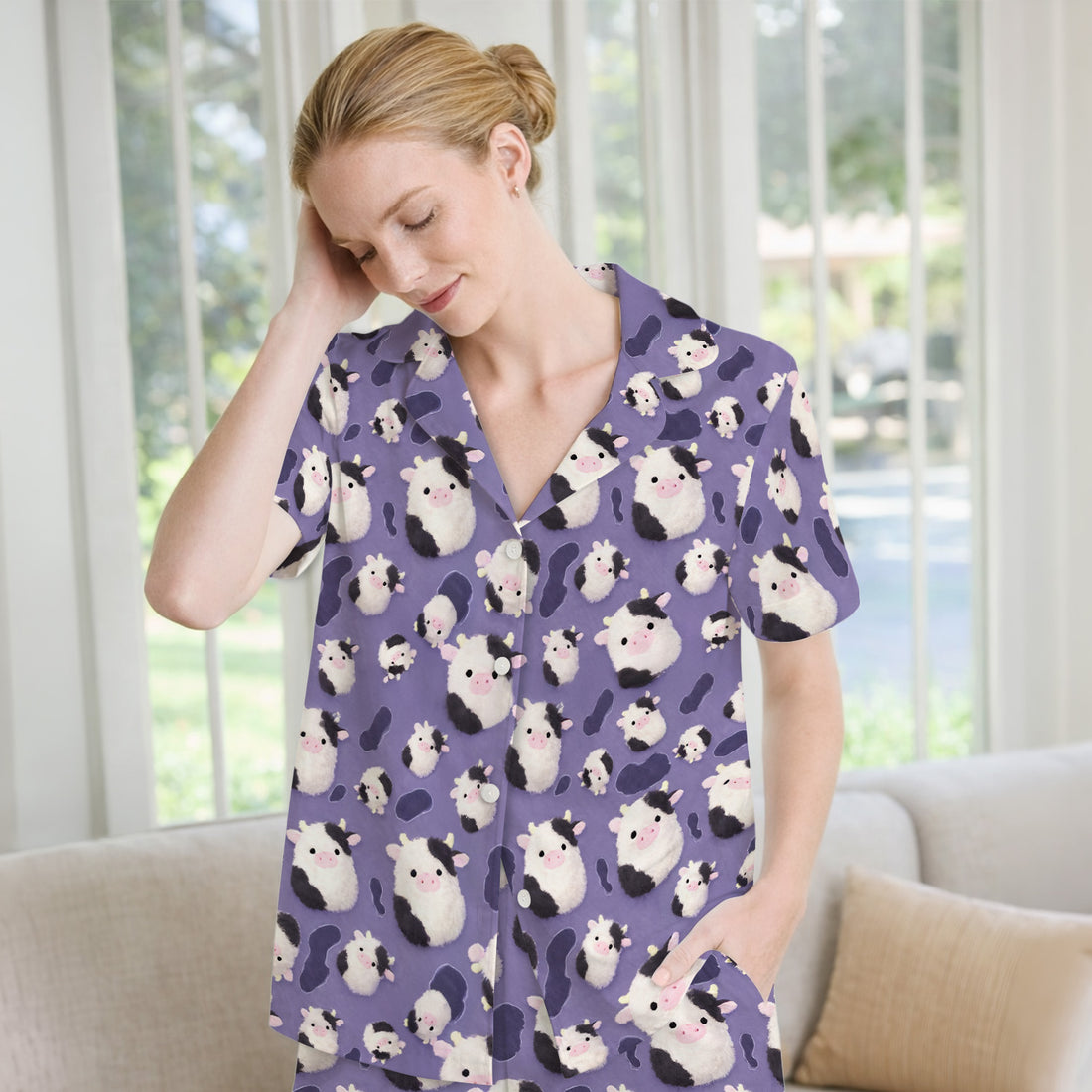 Cute Cartoon Pig Pattern Pajama Set, Soft Breathable Fabric Comfortable Sleepwear