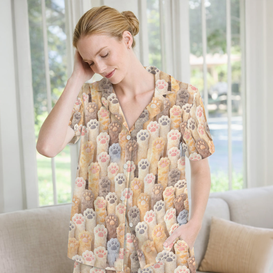 Cute Fluffy Cat Paw Print Pajama Set, Soft Breathable Fabric Comfortable Sleepwear