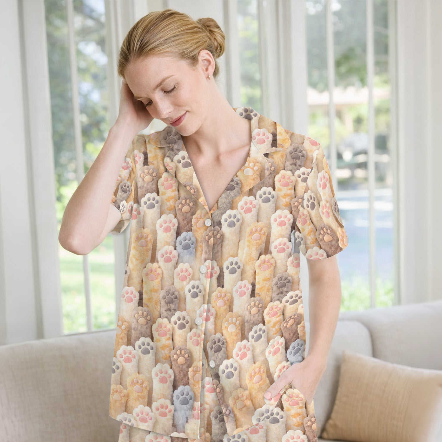 Cute Fluffy Cat Paw Print Pajama Set, Soft Breathable Fabric Comfortable Sleepwear
