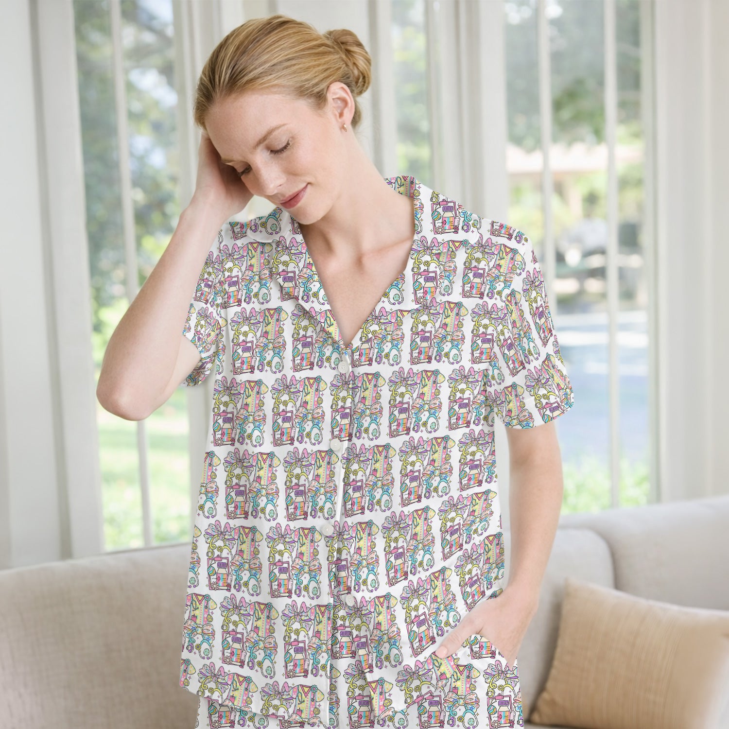 Colorful Nurse Scrub Supplies Pattern Pajama Set, Breathable Fabrics Uniform